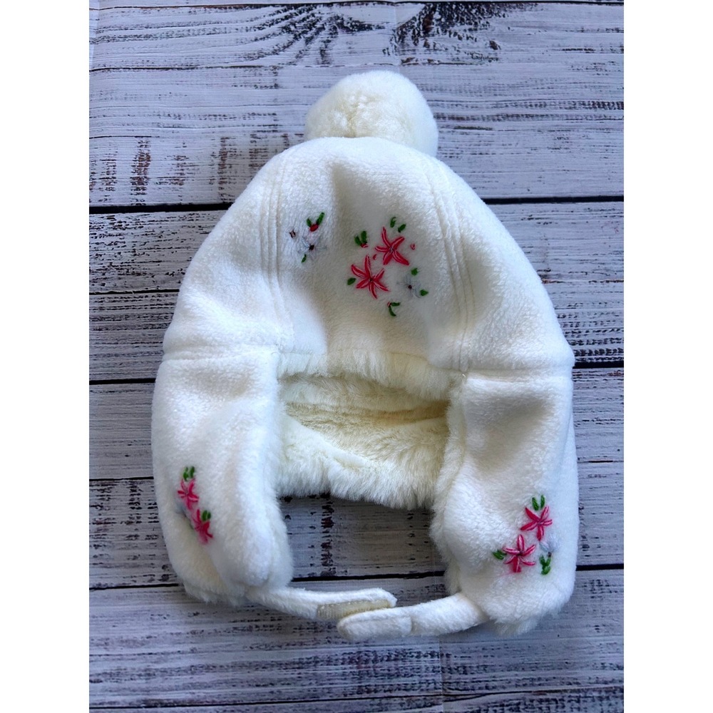 GAP Infant White Fuzzy Trapper Hat with Pink Flower Embroidery‎ 6-12 Months